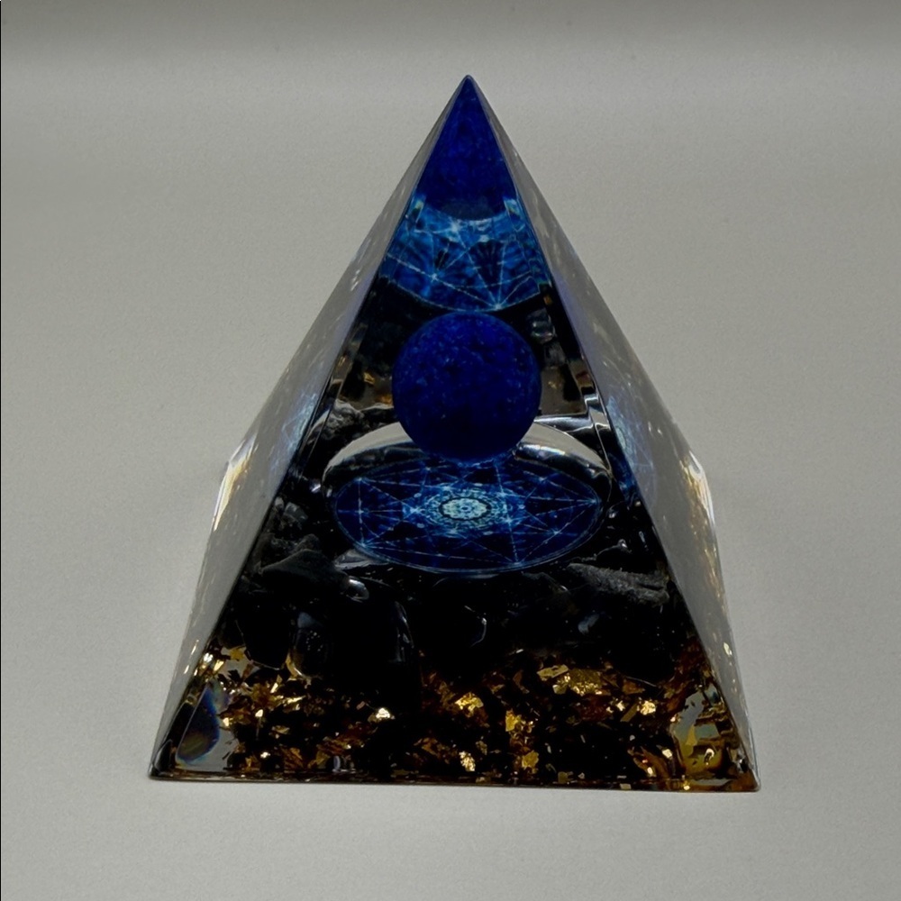 Yoga Meditation Blue Crystal Pyramid Orgonite Sculpture with Gold Accents